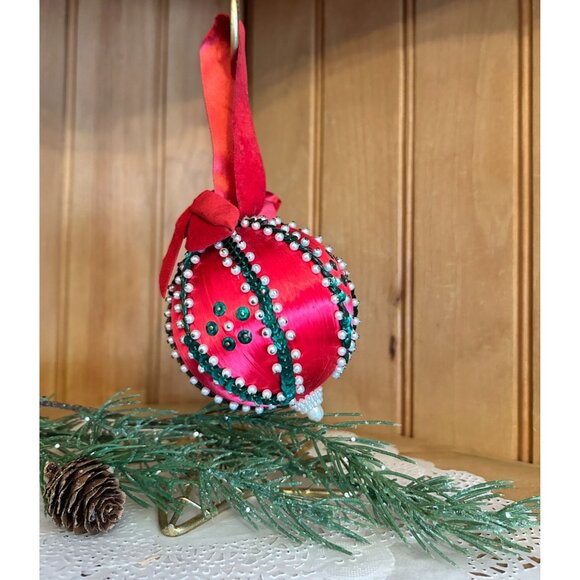Vintage Red Satin String Christmas Ornament Green Beads White Pearls Sequins - Picture 2 of 3